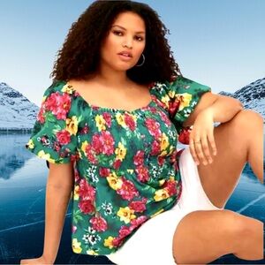 Torrid Women’s plus-size Green Floral-print Puff-sleeve Smocked Blouse/Top❤️❤️3X